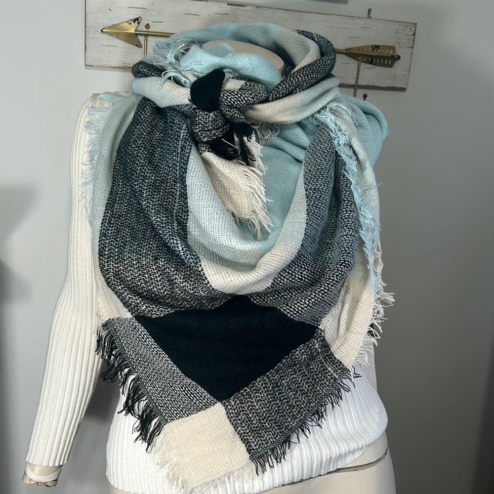 3/$12 Like new plaid light colored acrylic square blanket warm winter/fall scarf